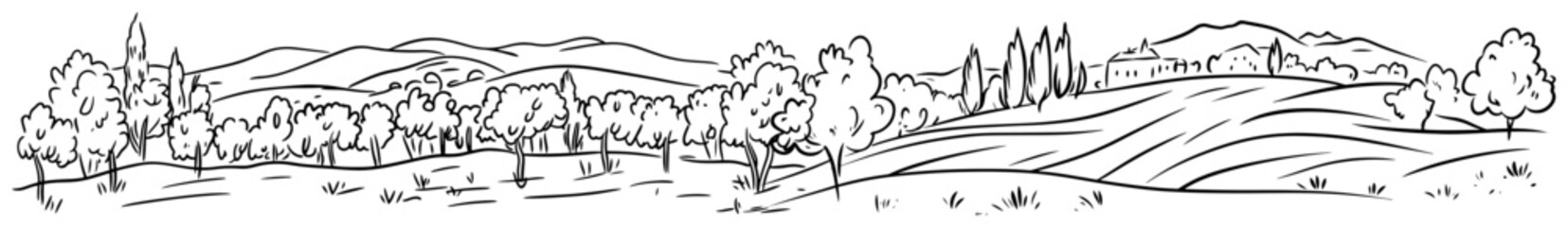 Fototapeta premium Countryside landscape panorama with rolling hills agricultural fields and trees in line art sketch style