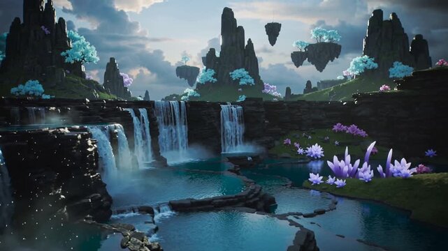 Panning camera revealing double waterfall spraying mist in valley, showing floating islands