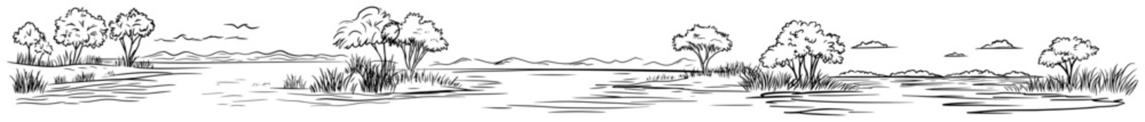 River valley landscape with sparse trees and marshy shores in panoramic hand drawn line art style © Aisha Kudorova