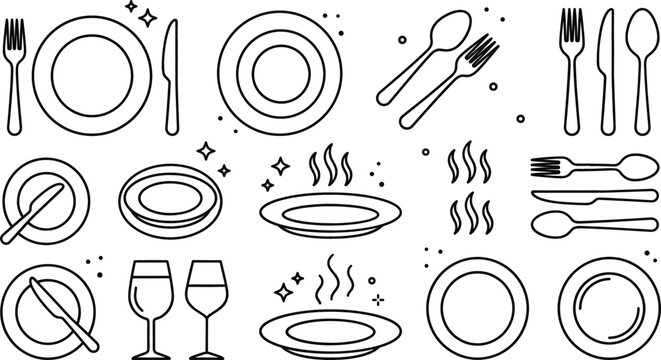 Table setting icon set with plate fork knife spoon wine glass dishware line art vector outline illustration elements