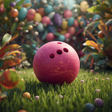 a lush 3d render of 3d render of a pink bowling ball in the foreground, 3D model, excited, vibrant palette, exaggerated, unreal engine, octane engine, vray, stylized CG animation