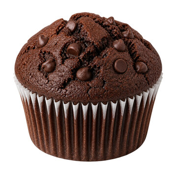 Rich chocolate muffin packed with dark chocolate chips in a white paper liner png isolated on transparent background