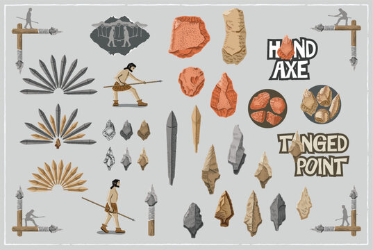 Korean Paleolithic stone age elements set. Hand axe, tanged point, primitive human vector illustrations.