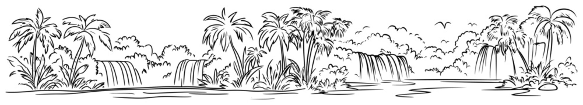 Tropical waterfalls in jungle oasis with palm trees panoramic line art sketch