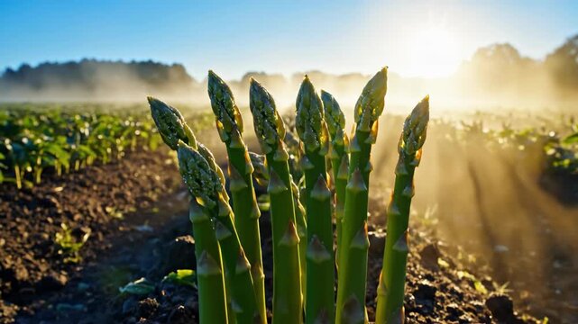 Green asparagus field at sunrise with mist and sun rays. Fresh vegetable harvest on a farm in the morning. Agriculture concept