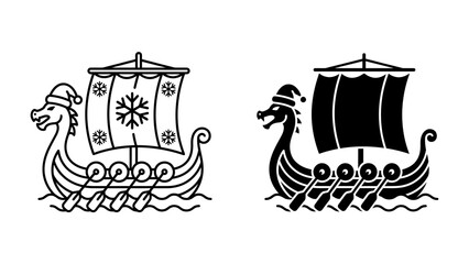 Viking Ship with Snowflake Sail: Two stylized Viking longships are depicted, one in outline and the other in silhouette, both adorned with Santa hats and sails featuring snowflakes. © Ajm