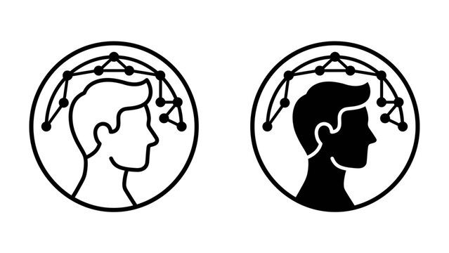 Cognitive Network: Two circular icons depicting a human head in profile, one outlined and the other in silhouette, connected by a network of lines and nodes.