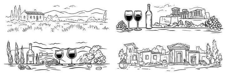 Naklejka premium Mediterranean vineyard views with wine bottles glasses grapes and ancient greek temples in travel line art style