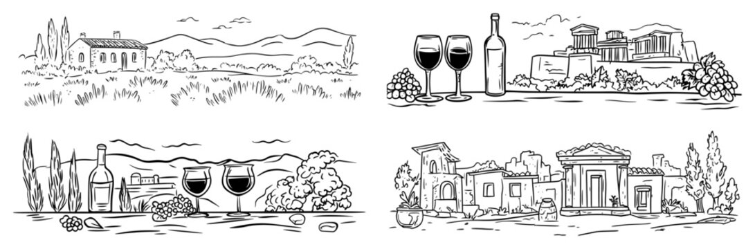 Mediterranean vineyard views with wine bottles glasses grapes and ancient greek temples in travel line art style
