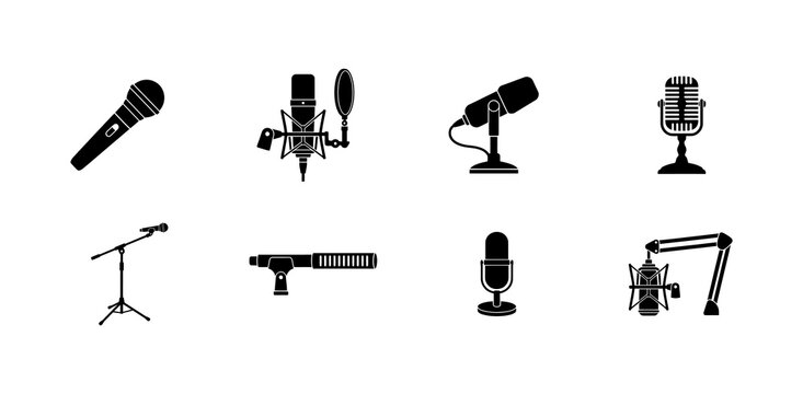 Set of black microphones with a white background, collection of different styles and types of microphones, studio recording equipment, podcasting and broadcasting tools.