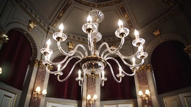 Camera panning around multiarm chandelier showing gilded ceiling and red drapes to show detail