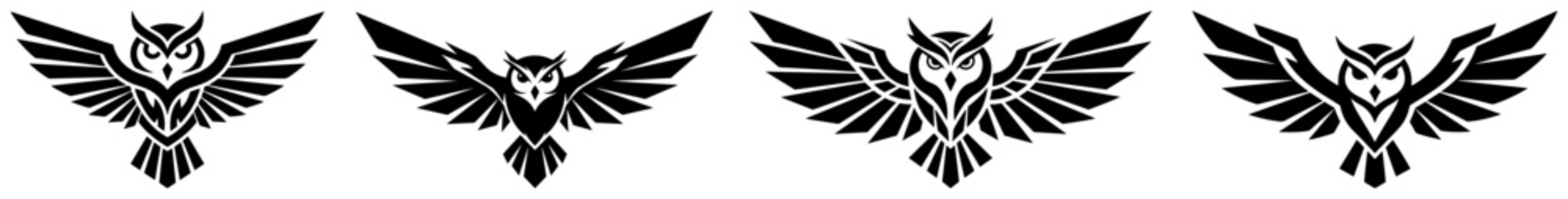 Owl seamless border pattern with flying bird silhouettes in minimalist vector style