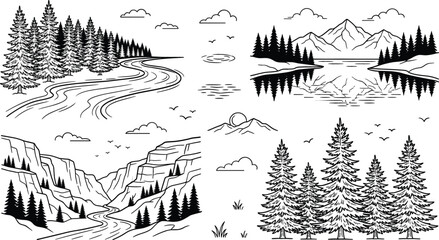 Mountain landscape set with pine trees river valley nature forest lake reflections line art vector outline illustration elements © Mstshneha