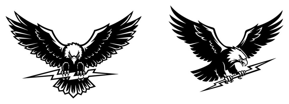 Eagle grasping lightning bolt in talons with spread wings emblem set