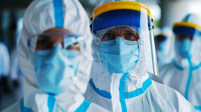 Medical professionals wearing protective hazmat suits and face shields in a clinical facility during a pandemic