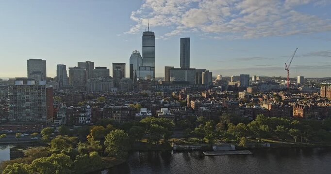 Boston Massachusetts Aerial v261 low level flyover charles river and back bay neighborhood, capturing rows of victorian style townhouses and cityscape - Shot with Inspire 2, X7 camera - October 2021