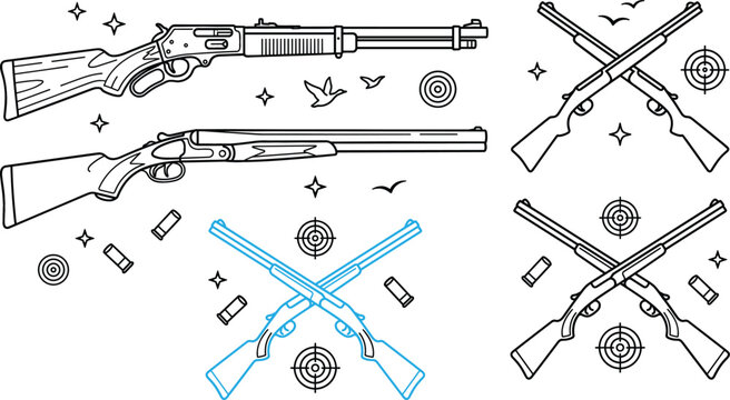 Hunting rifle line icon set with crossed shotguns targets ammo bullets and birds isolated on white background vector