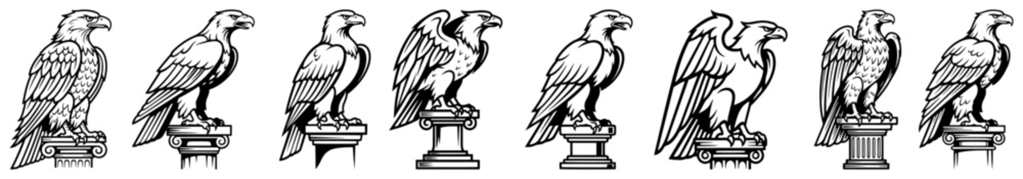 Eagle perched on classical column repeating border pattern in vintage engraving style