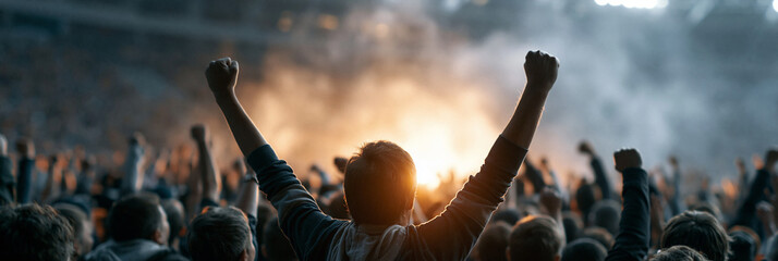Excited crowd cheering at a live event with raised hands and vibrant atmosphere.
