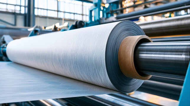 Large industrial roll of nonwoven fabric on automated production line in modern textile manufacturing factory