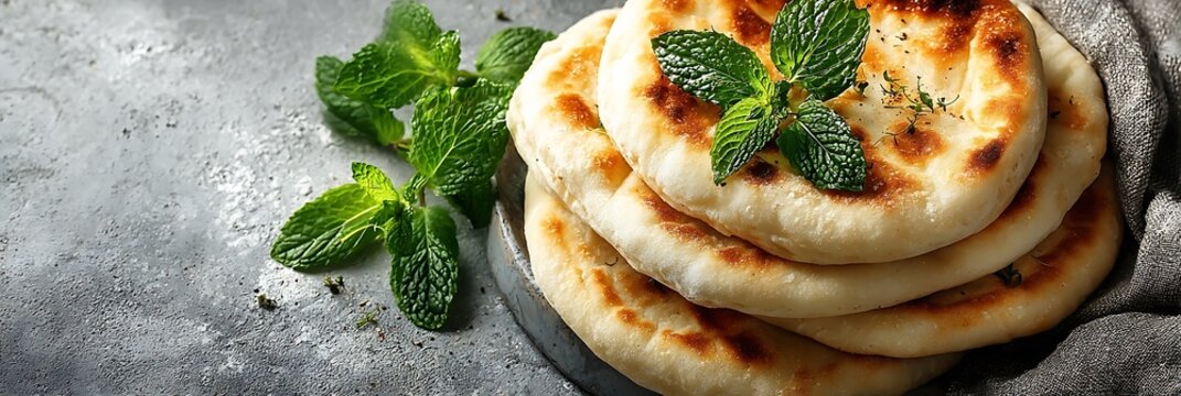 Freshly baked naan bread stacked on rustic plate with aromatic mint leaves for authentic middle eastern dining experience served on textured dark grey stone surface setting