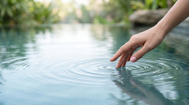 Close-up of hand touching water surface, ripples expanding into empty space, soft light, wellness banner concept