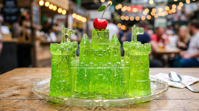 Wobbly green gelatin castle dessert sitting on glass plate inside restaurant