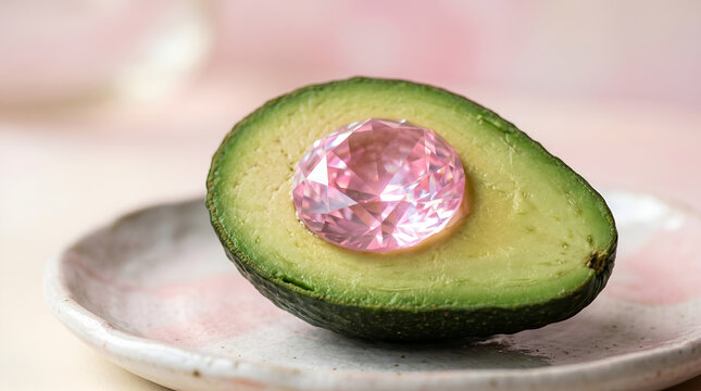 Fresh green avocado half containing bright pink glowing crystal gemstone pit