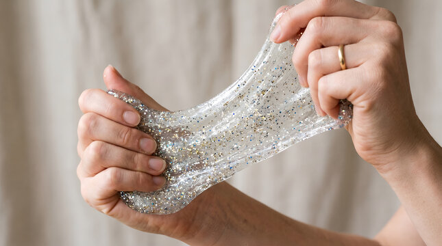 Human hands stretching shiny silver metallic slime compound against plain background