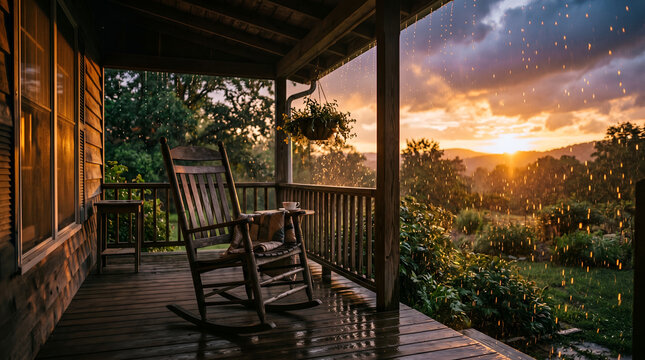 Empty wooden porch overlooking beautiful misty sunset landscape natural scenery