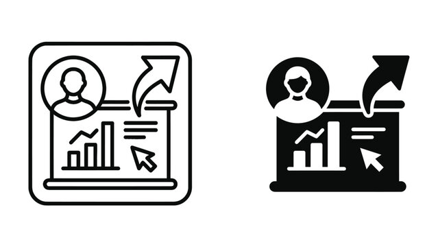 Business Presentation Icon: A clear icon set representing a business presentation or analytics meeting, featuring a bar chart, a cursor.