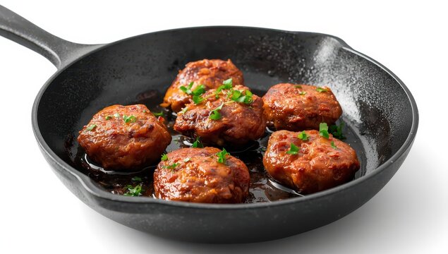 Herb-seasoned fried livers in a pan on a white background.