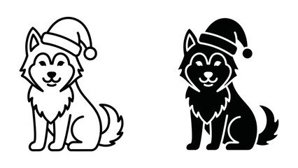 Christmas Husky Duo: Two charming husky dogs, each donning a festive Santa hat, are depicted in a cute illustration. One is presented in a clean outline style. © akash