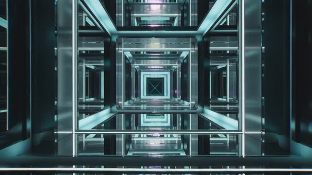 Starting play, camera gliding LED mirror tunnel, revealing nested frames and magenta panel