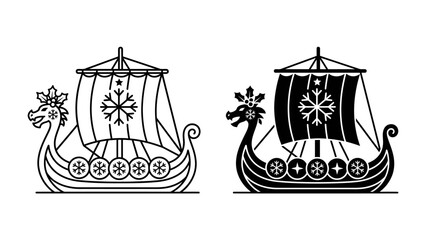 Viking Ship Icons: Two stylized Viking longship illustrations, one in black and white and the other in black silhouette, featuring dragon figureheads and snowflake emblems on their sails. © Hasem