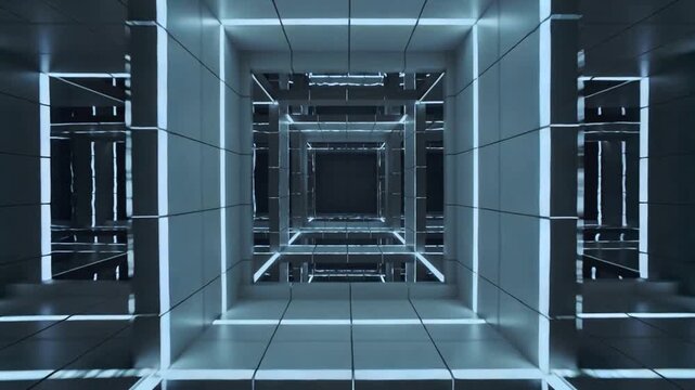 Frames moving, camera moving forward, filming nested squares showing depth in corridor with mirrors