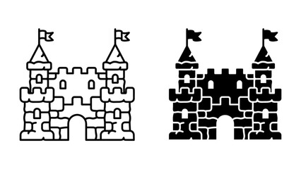 Medieval Castle Gatehouse: Two stylized representations of a medieval castle gatehouse, one outlined and the other in silhouette, featuring crenellated walls, turrets, and flags. © afrin