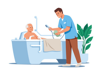 Fototapeta premium Male caregiver helping elderly man in bathtub. Vector illustration of professional senior home care and hygiene assistance.