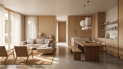 Fototapeta premium Modern Japandi style home interior with natural light and minimalist furniture, featuring a living room and dining area