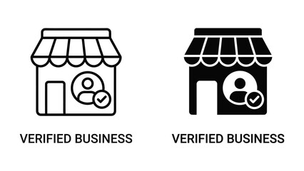 Fototapeta premium Verified Business Icons: A set of graphic icons representing a verified business, featuring a storefront with an awning and a checkmark symbol confirming its status.