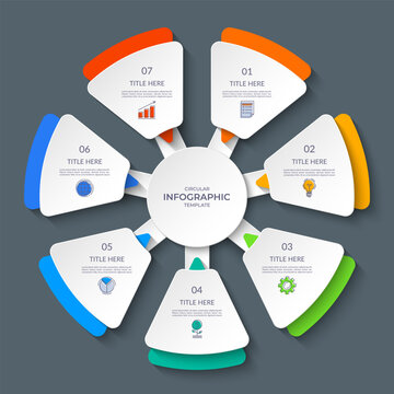 Infographic circle with 7 steps, options. Round chart, cycle diagram divided into seven parts. Can be used for report, business analytics, data visualization, presentation, educational content.