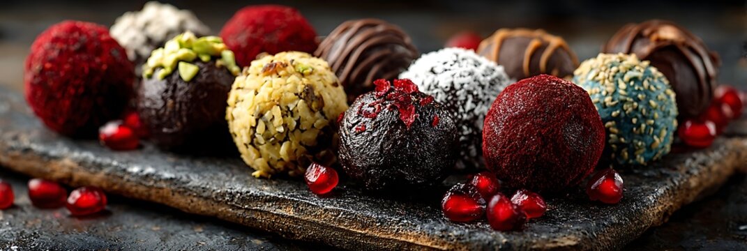 Assorted gourmet chocolate truffles with nuts and pomegranate seeds arranged on rustic dark stone slab for elegant dessert presentation or luxury confectionery display