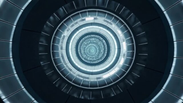 Pushing camera moving along central axis inside lit shaft, concentric lit rings revealing mandala