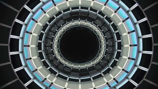 Advancing frames moving concentric rings and panes inside shaft void, shifting color, creating flow