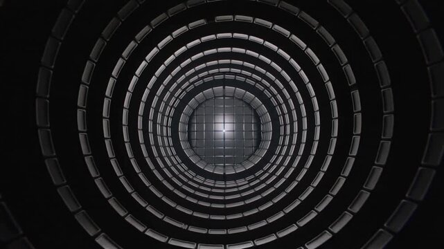 Pulling back camera exposing nested cylinder tiled rings in void, metal tiles and bright core glow