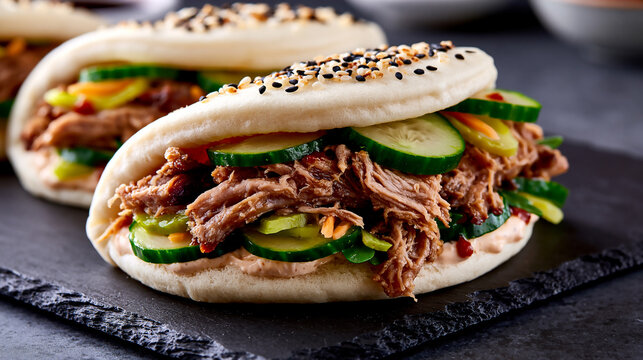 Two delicious pulled pork bao buns are presented on a rustic dark slate board, adorned with fresh cucumber slices, creamy sauce, and green onions.