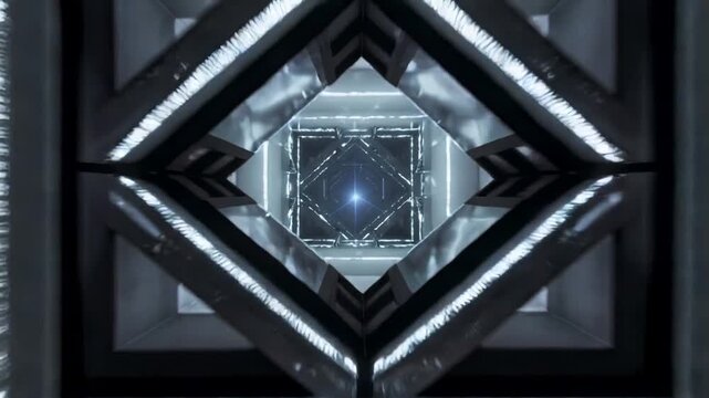 Advancing camera moving through shaft toward bright core, nested frames rotating, laser bisecting