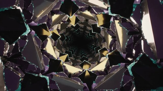 Camera pushing forward through purple facets with gold prisms and teal seams, drawing inward