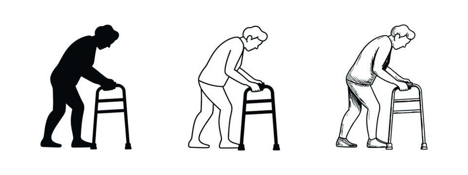 Elderly person with walker icon set, senior mobility aid, walking frame symbol, rehabilitation, healthcare, disability support, assisted living