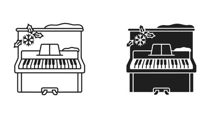 Christmas Piano Icon: A festive upright piano adorned with holiday decorations like holly and snowflakes, depicted in both line art and silhouette styles, ready to play a joyful tune. © rumana